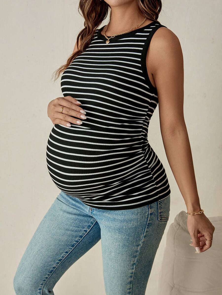 Black Rib-Knit Striped Tank Top - Slim Fit Round Neck Sleeveless Cami - Casual Streetwear Summer Top for Women