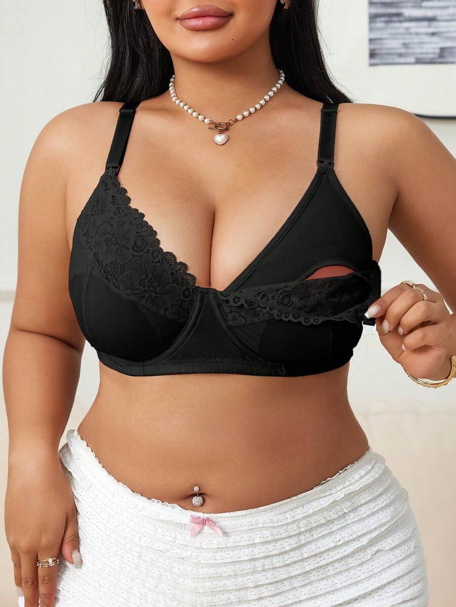 Plus Size Lace Nursing Bra - Hook Closure Underwire Lift Support, Breastfeeding Lingerie