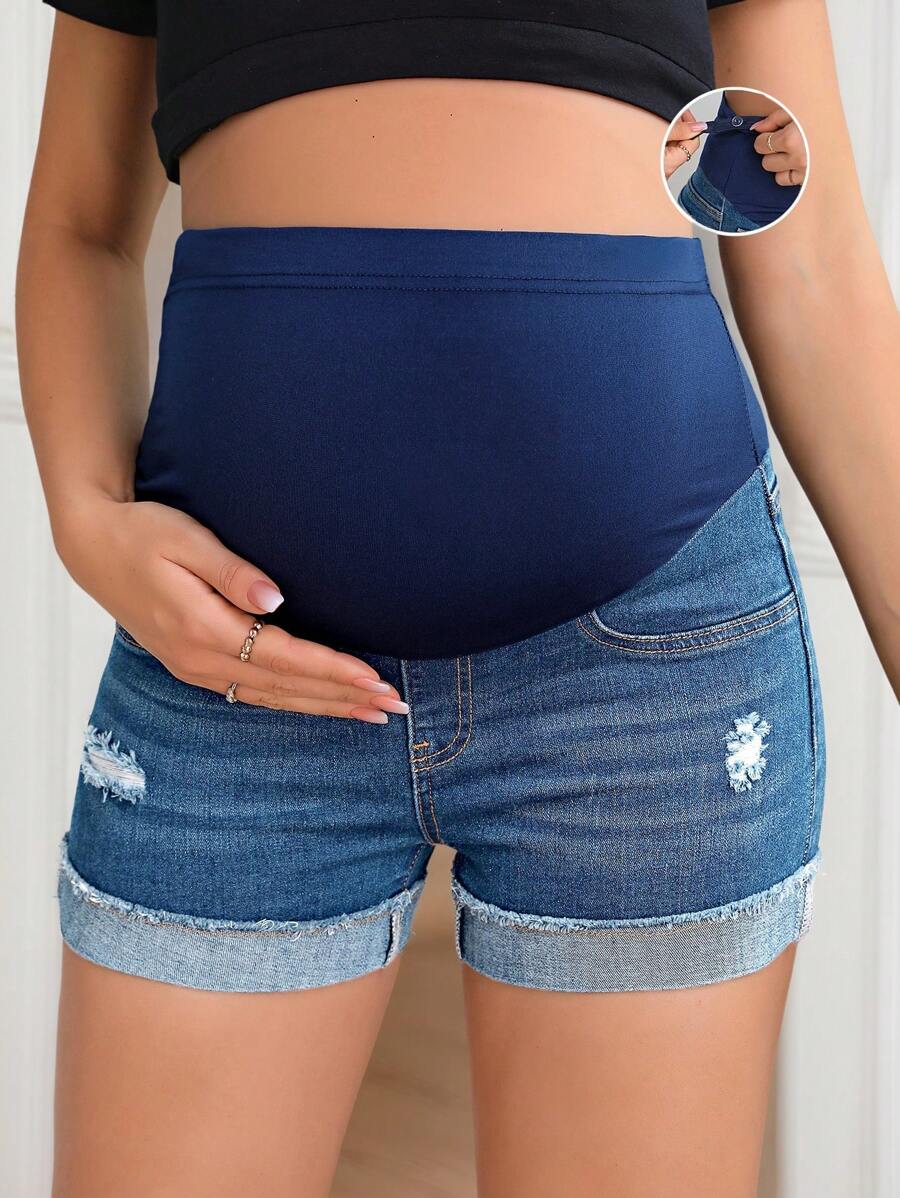 Maternity Black Washed Distressed Skinny Denim Mini Shorts – Elastic Waist Plain Casual Jean Shorts with Pockets
