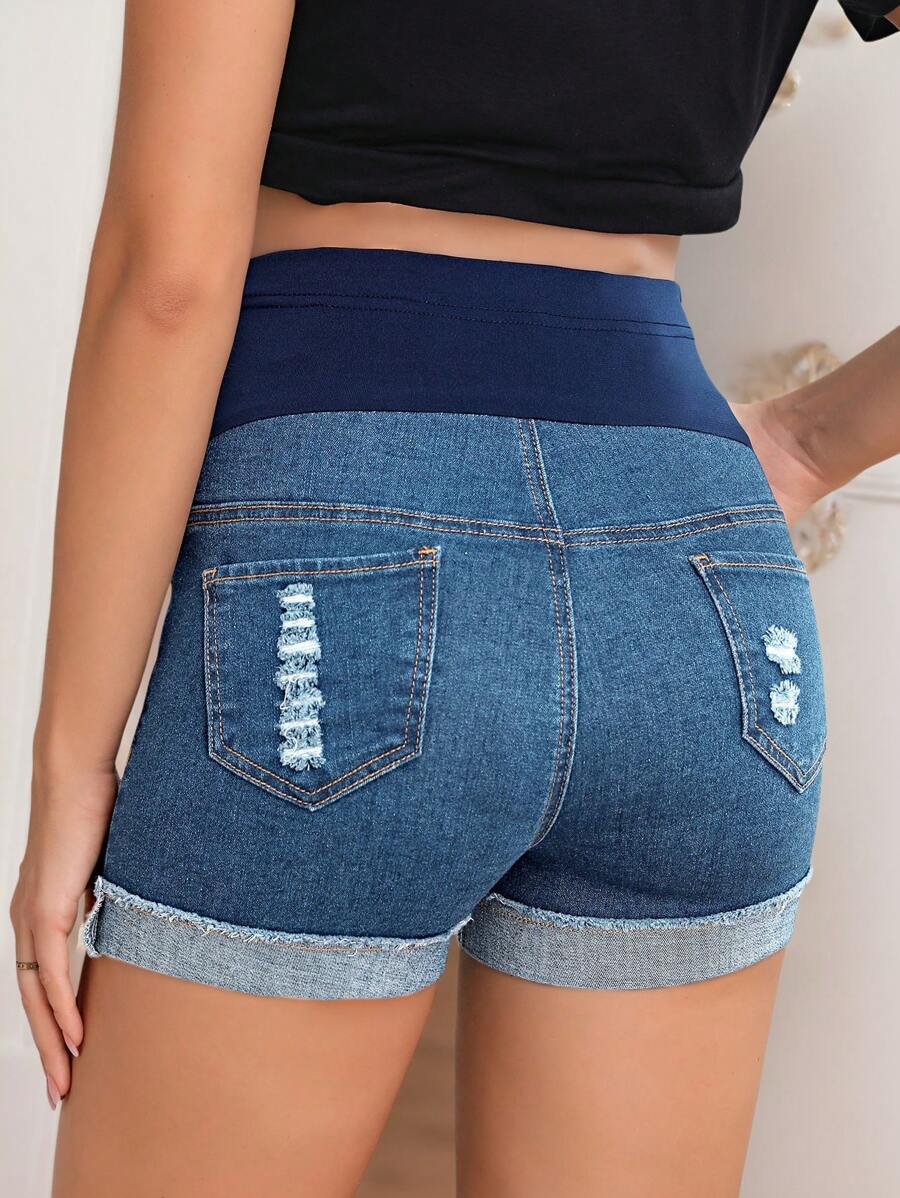 Maternity Black Washed Distressed Skinny Denim Mini Shorts – Elastic Waist Plain Casual Jean Shorts with Pockets