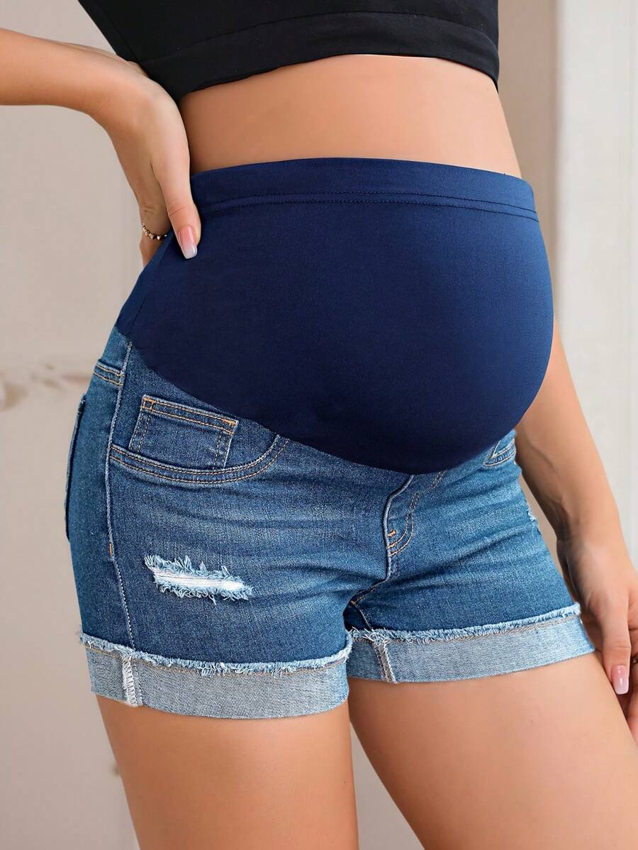 Maternity Black Washed Distressed Skinny Denim Mini Shorts – Elastic Waist Plain Casual Jean Shorts with Pockets