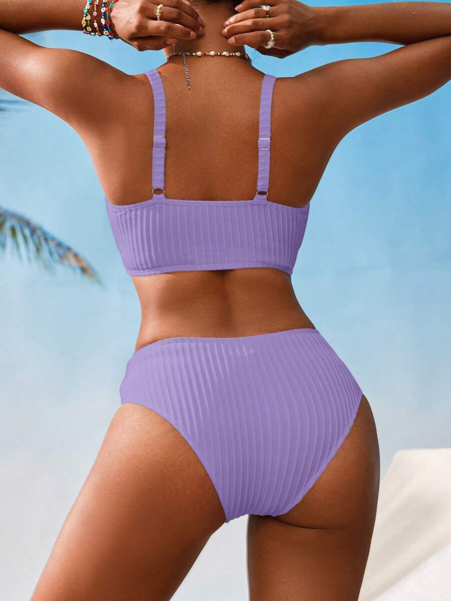 Women's V-Neck Textured Tankini Set - Ruched, Spaghetti Strap, High Waist, Multicolor