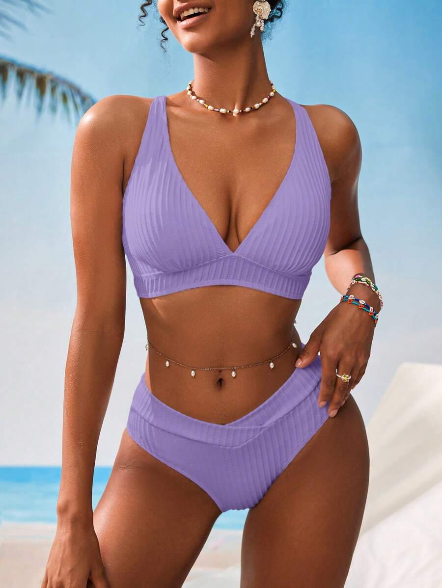Women's V-Neck Textured Tankini Set - Ruched, Spaghetti Strap, High Waist, Multicolor