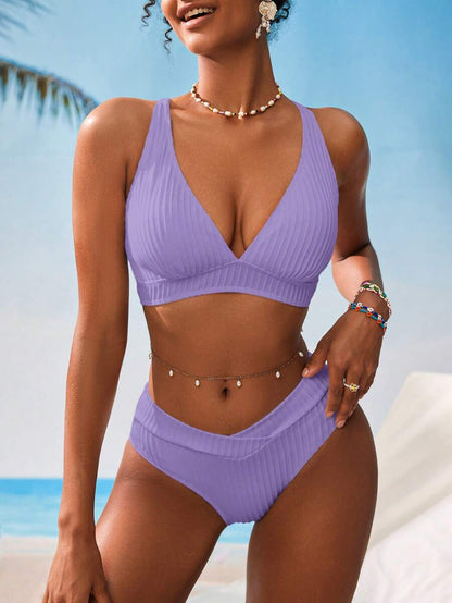 Women's V-Neck Textured Tankini Set - Ruched, Spaghetti Strap, High Waist, Multicolor