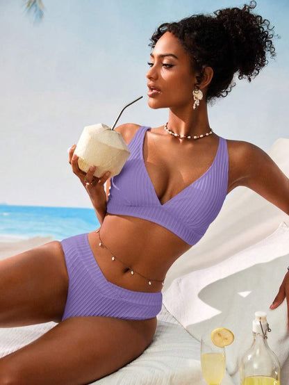 Swim Vcay Women V-Neck Textured Striped Bikini Set For Summer Beach Vacation
