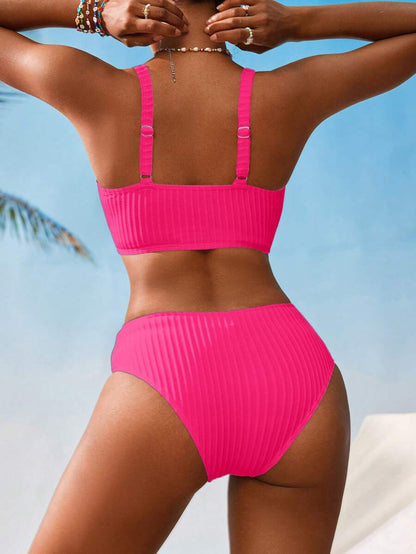 Women's V-Neck Textured Tankini Set - Ruched, Spaghetti Strap, High Waist, Multicolor