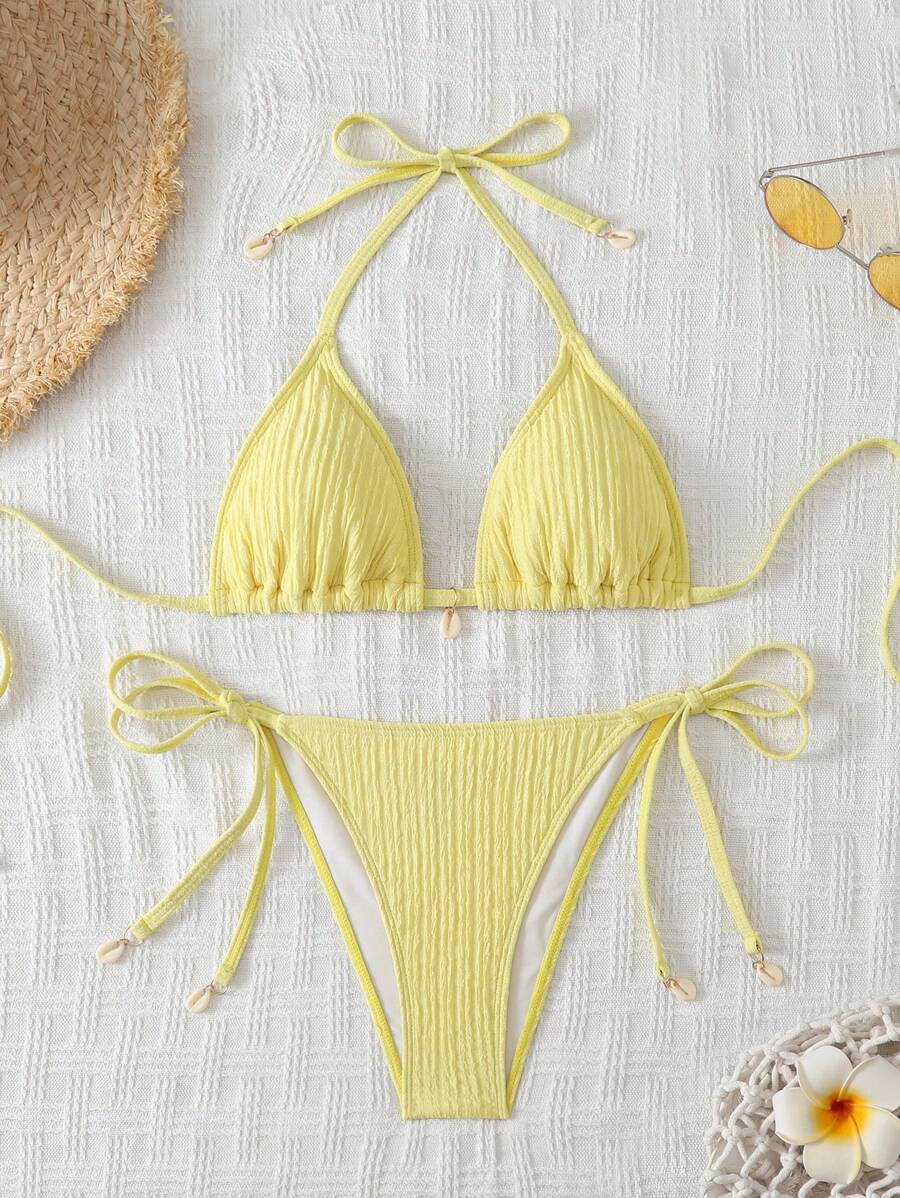 Women's Textured Halter Tie Bikini Set - Knot, Tie Side, High Waist, Blue