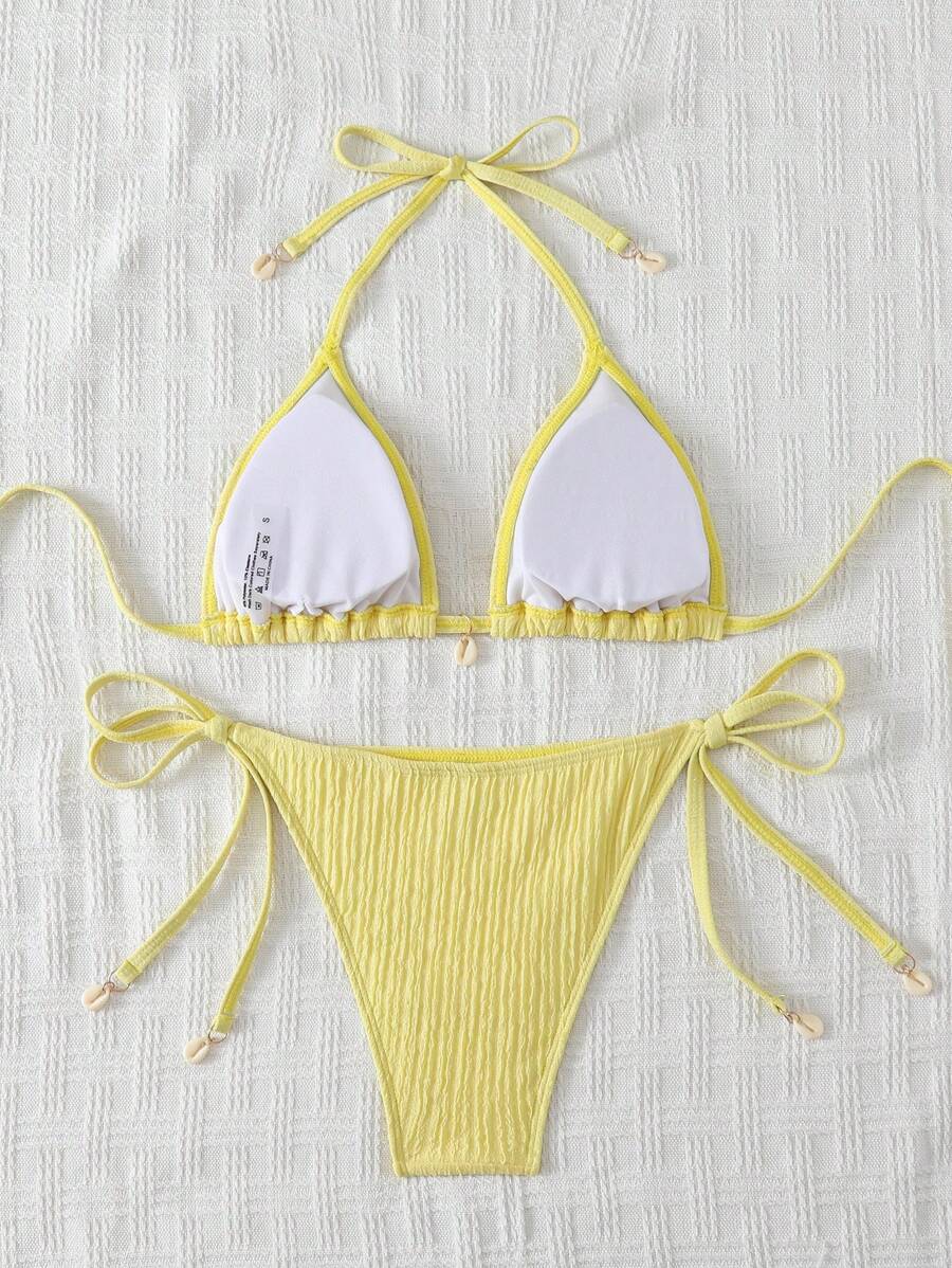 Women's Textured Halter Tie Bikini Set - Knot, Tie Side, High Waist, Blue