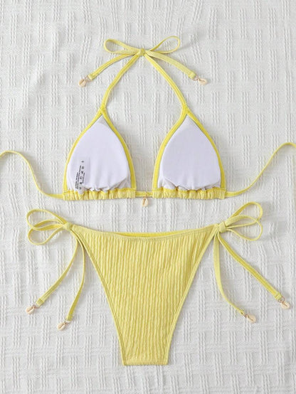 Women's Textured Halter Tie Bikini Set - Knot, Tie Side, High Waist, Blue