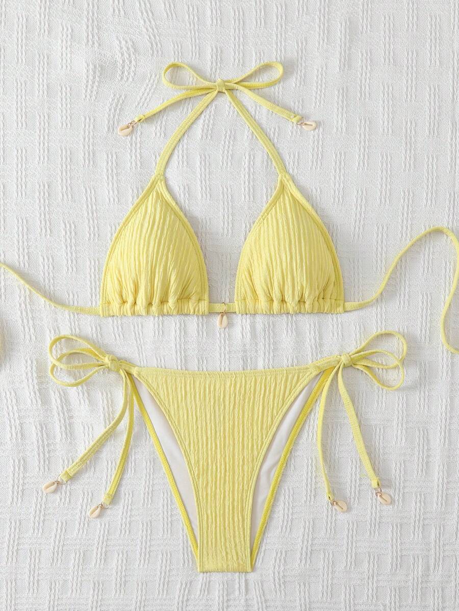 Women's Textured Halter Tie Bikini Set - Knot, Tie Side, High Waist, Blue