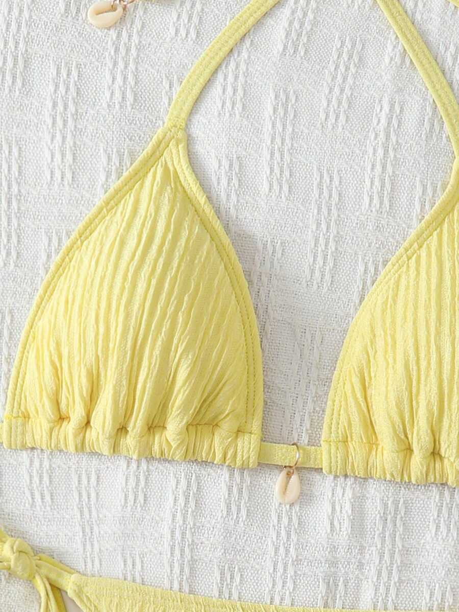 Women's Textured Halter Tie Bikini Set - Knot, Tie Side, High Waist, Blue
