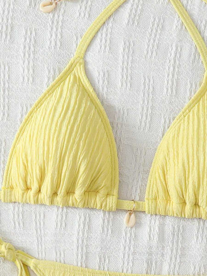 Women's Textured Halter Tie Bikini Set - Knot, Tie Side, High Waist, Blue