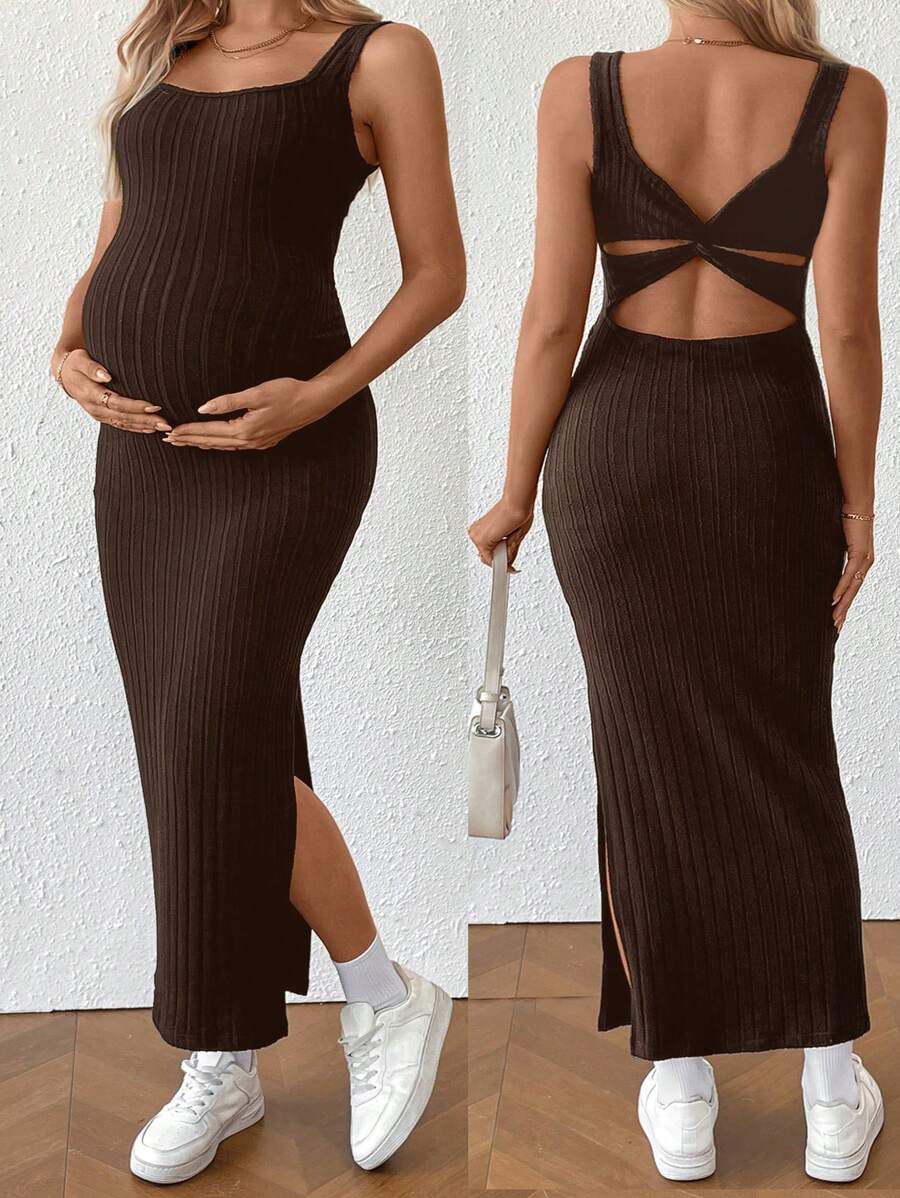 Maternity Summer Minimalist Ribbed Twist Back Slit Midi Dress Apricot Sleeveless Cami Dress for Babymoon