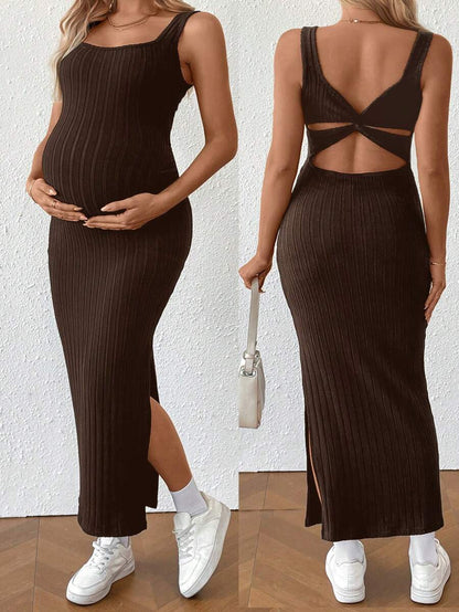 Maternity Summer Minimalist Ribbed Twist Back Slit Midi Dress Apricot Sleeveless Cami Dress for Babymoon