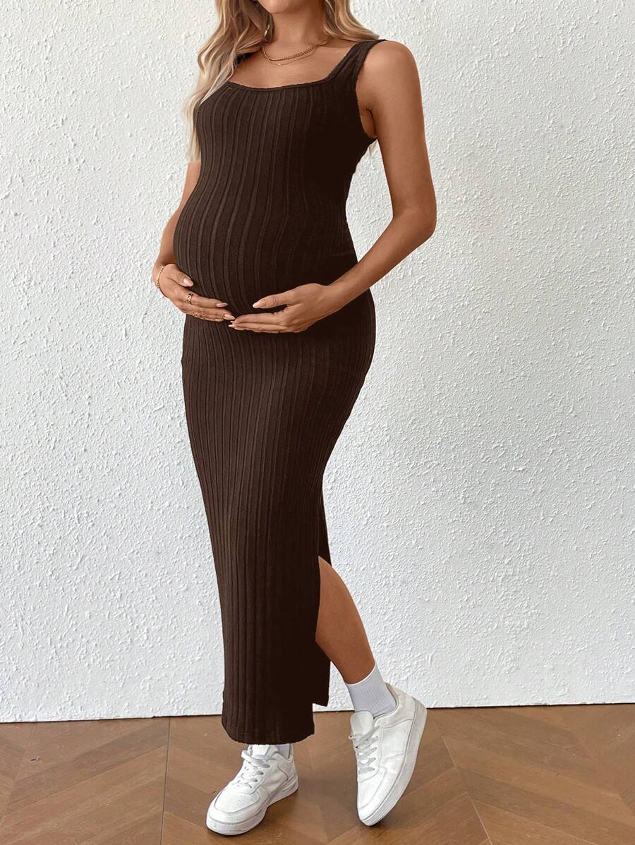 Maternity Summer Minimalist Ribbed Twist Back Slit Midi Dress Apricot Sleeveless Cami Dress for Babymoon