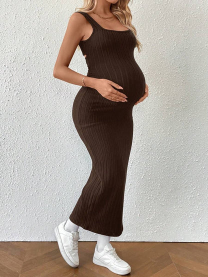Maternity Summer Minimalist Ribbed Twist Back Slit Midi Dress Apricot Sleeveless Cami Dress for Babymoon