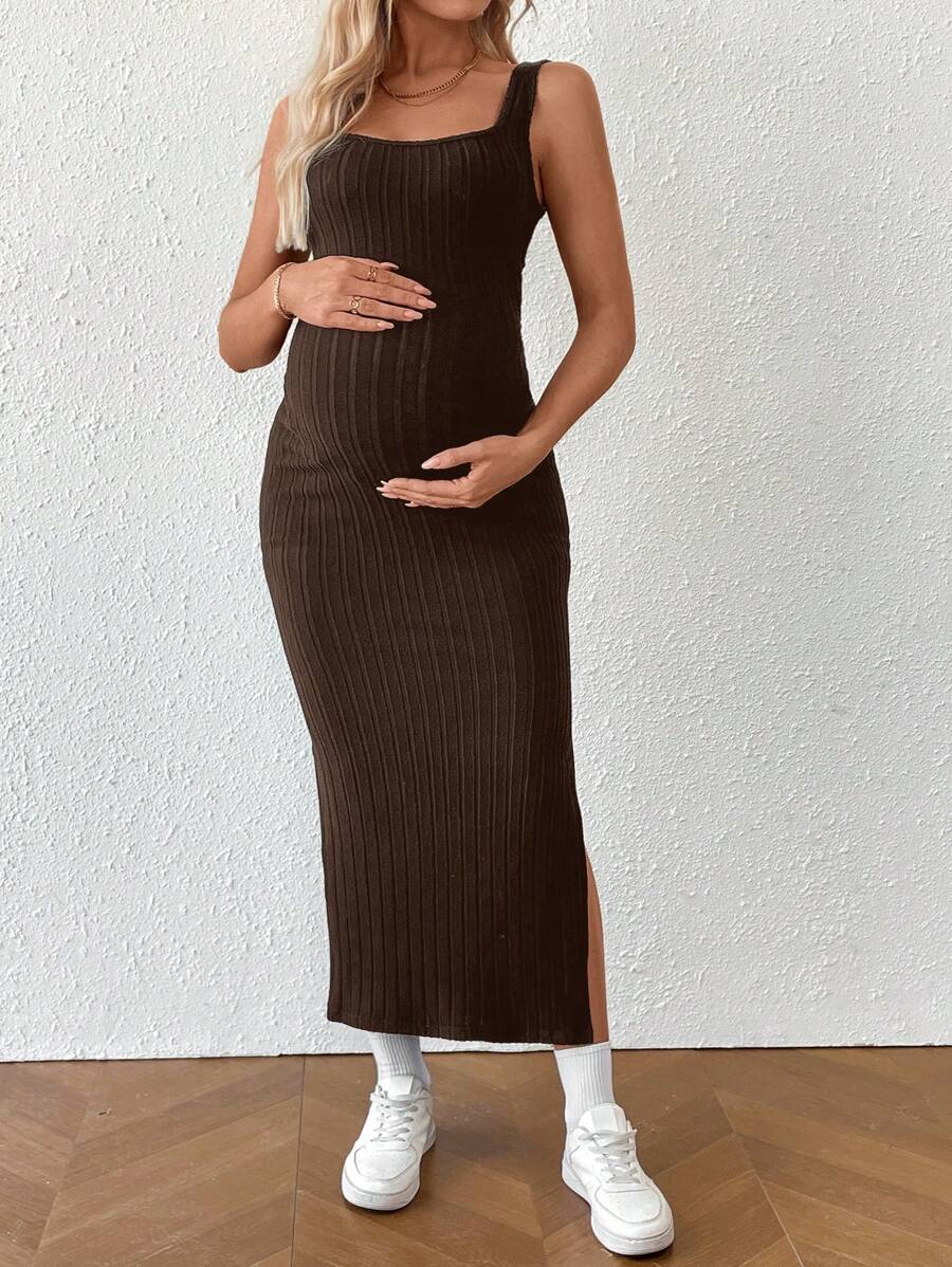 Maternity Solid Color Casual Ribbed Open Back Sleeveless Dress Two Piece Set Cut Out Maxi Skirt With