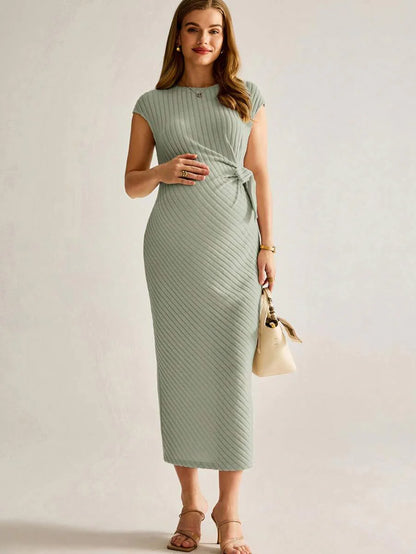 Maternity Knitted Ribbed Fitted Dress - Elegant Green Long Sleeve Solid Bodycon Gown for Baby Shower, Casual Wear & Photoshoot