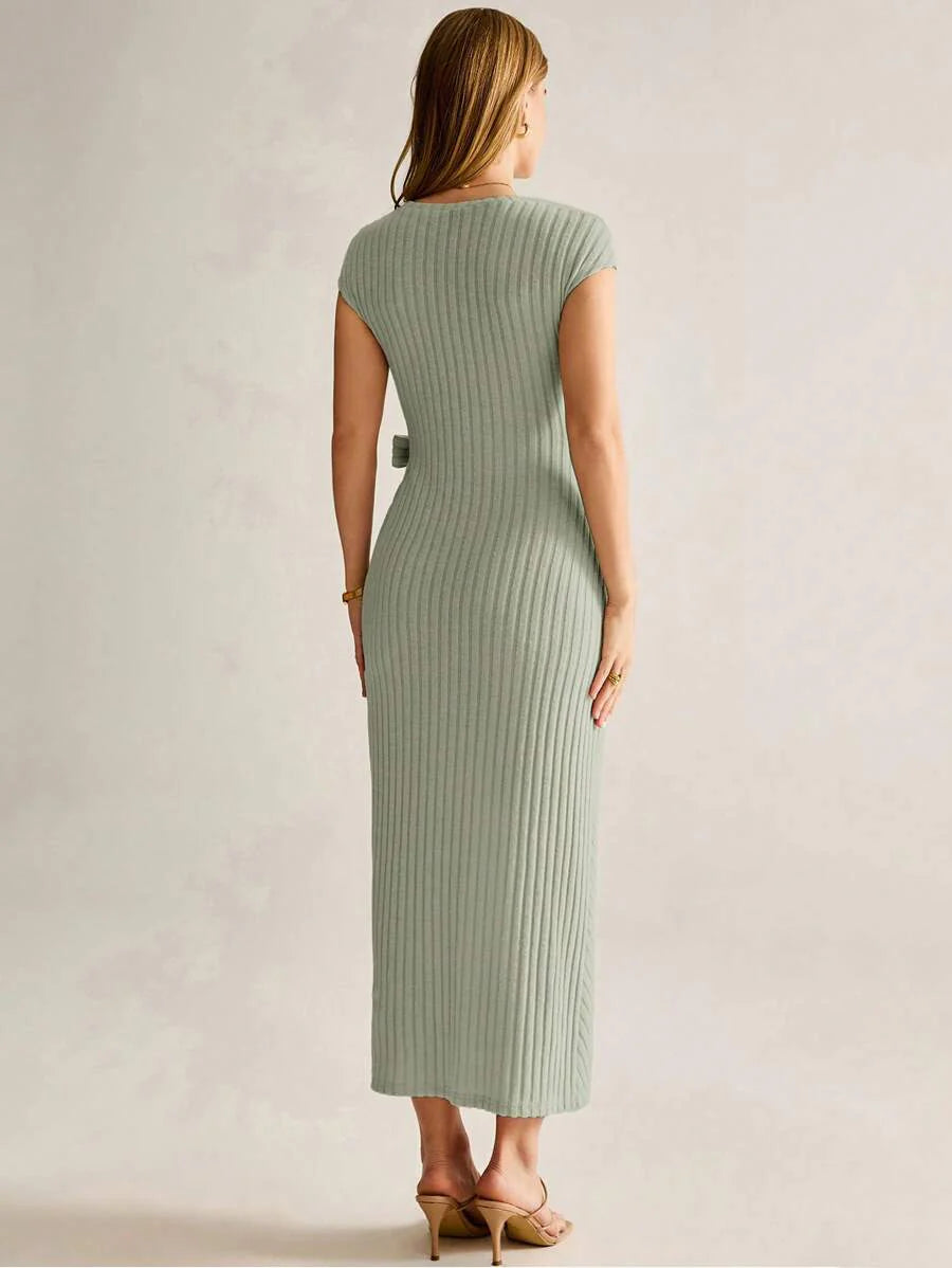 Maternity Knitted Ribbed Fitted Dress - Elegant Green Long Sleeve Solid Bodycon Gown for Baby Shower, Casual Wear & Photoshoot