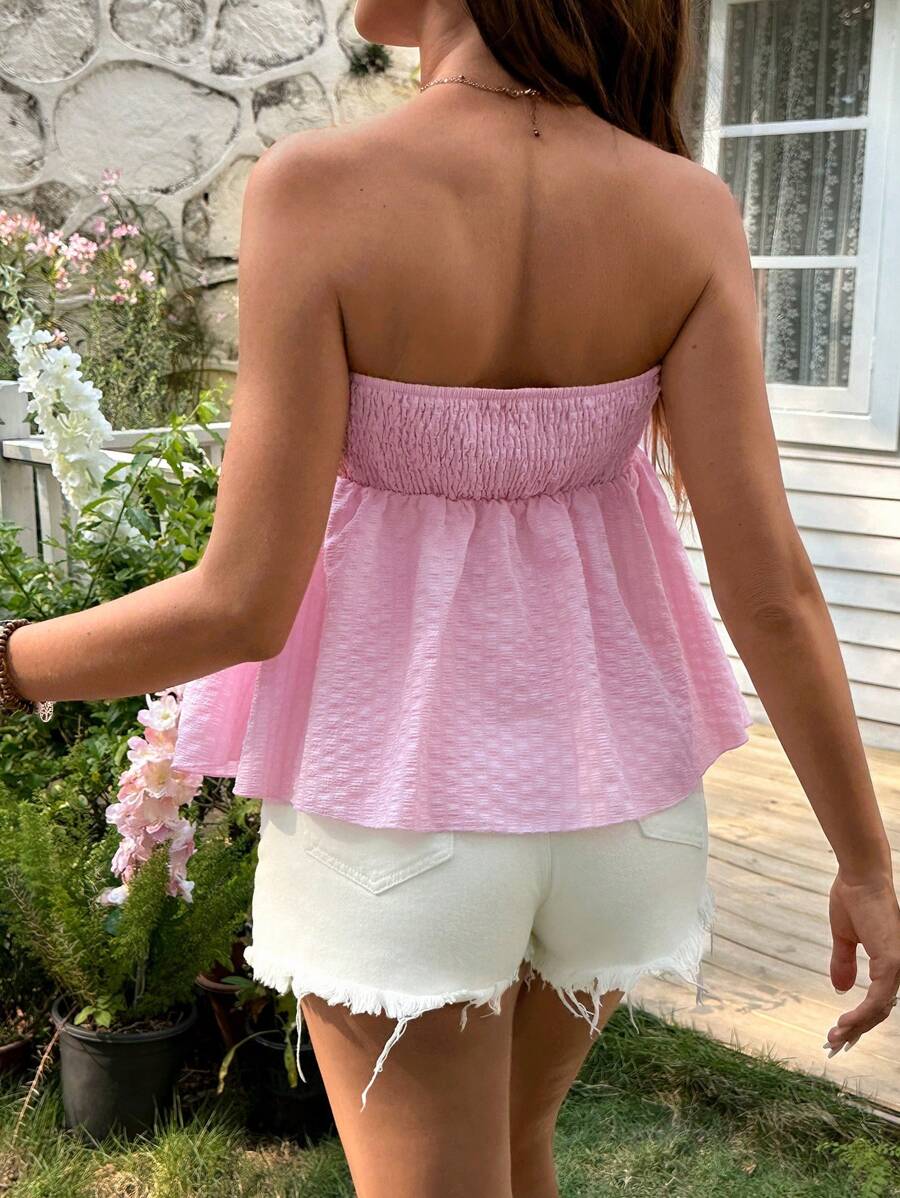 Black Strapless Maternity Peplum Tube Top - Frill Trim Knot Front Regular Fit Flared Hem Non-Stretch Woven Daily Casual Shirt