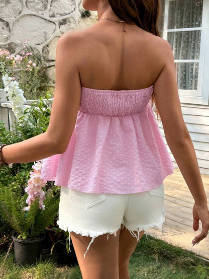 Black Strapless Maternity Peplum Tube Top - Frill Trim Knot Front Regular Fit Flared Hem Non-Stretch Woven Daily Casual Shirt