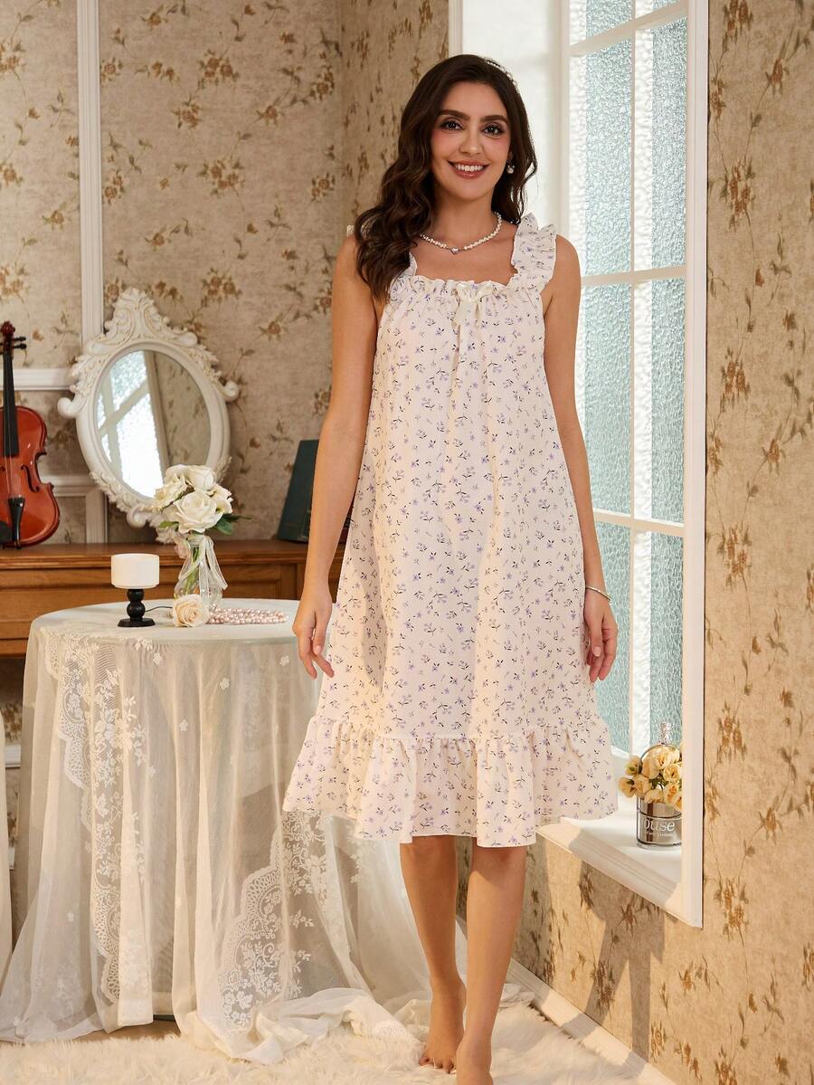 Floral Ruffle Trim Camisole Nightgown Women Bow Decor Sleepwear Pajama Dress