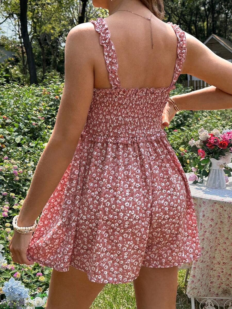 Maternity Boho Camisole Romper - Lettuce Trim, Floral Print, Strap, Loose Fit, Pink