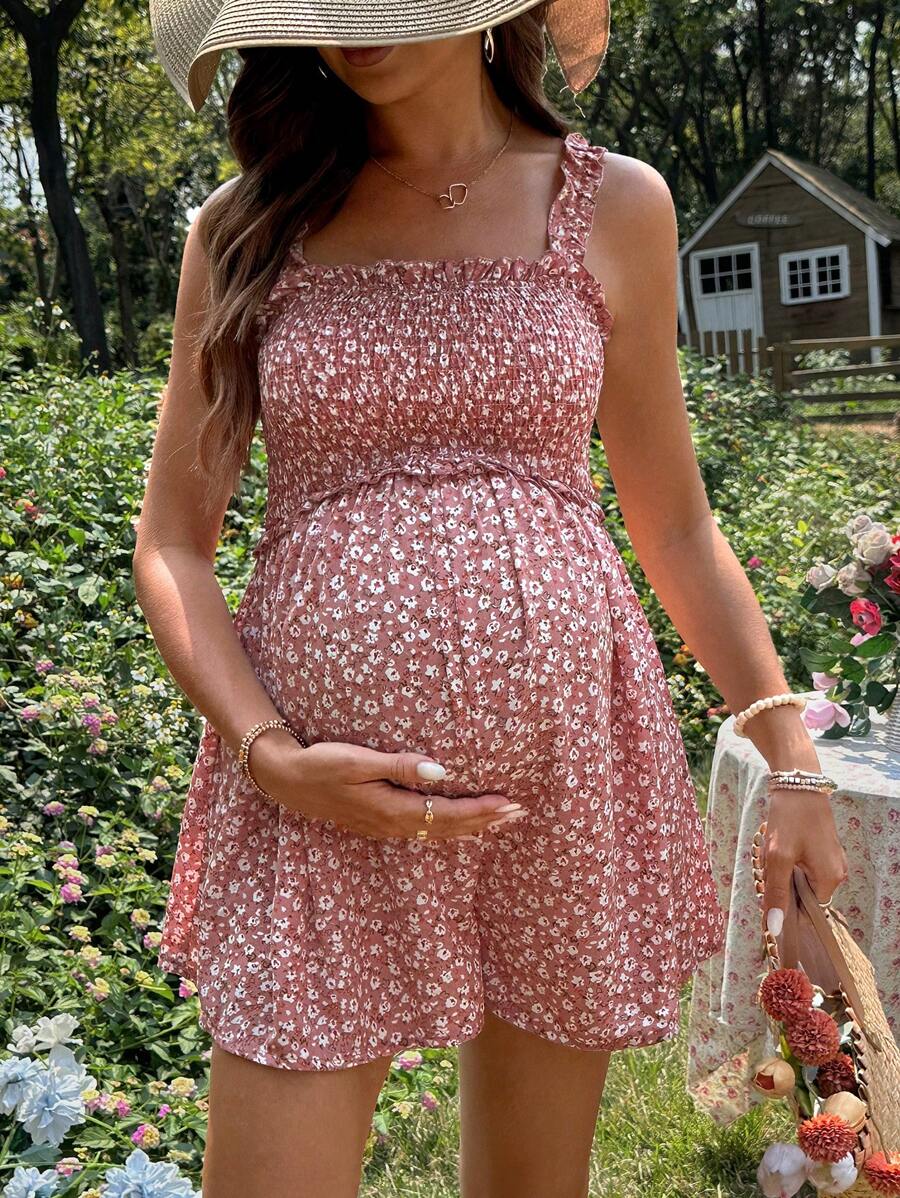 Maternity Boho Camisole Romper - Lettuce Trim, Floral Print, Strap, Loose Fit, Pink