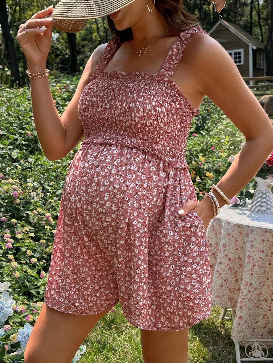 Maternity Boho Camisole Romper - Lettuce Trim, Floral Print, Strap, Loose Fit, Pink