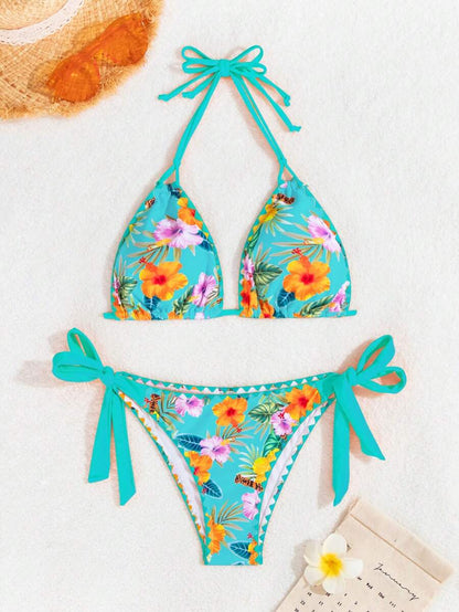 Swim Vcay Women's Tropical Plant Print Halter Neck Tie Sexy Bikini Set For Summer Beach, Random Print