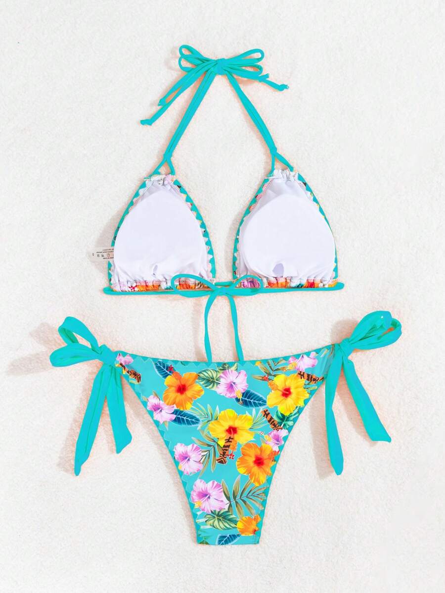 Swim Vcay Women's Tropical Plant Print Halter Neck Tie Sexy Bikini Set For Summer Beach, Random Print