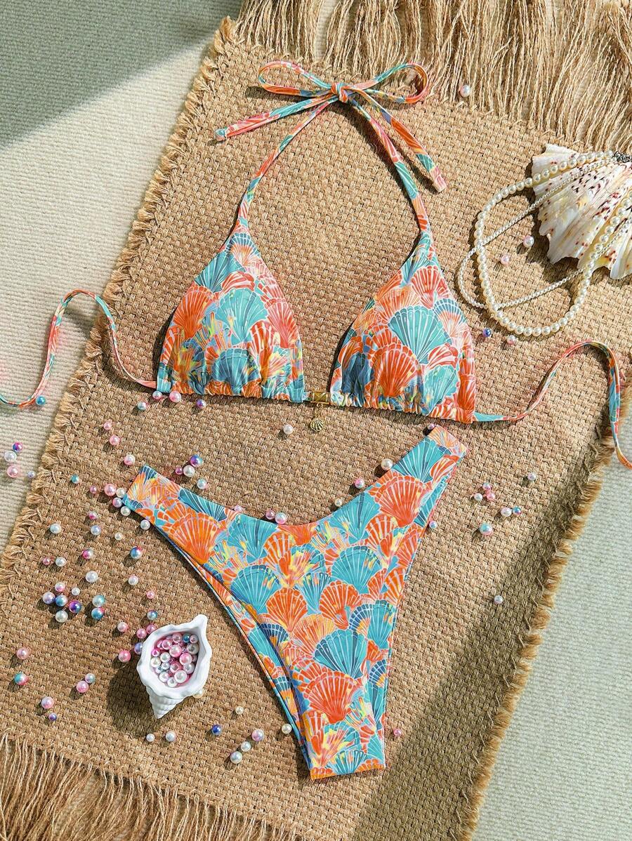 Swim Vcay Swim Mod Summer 2pcs Halter Random Floral Print & High Cut Bottoms Bikini Set, Beach Vacation