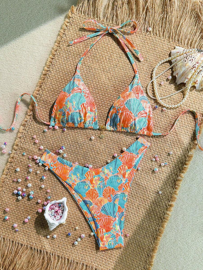 Swim Vcay Swim Mod Summer 2pcs Halter Random Floral Print & High Cut Bottoms Bikini Set, Beach Vacation