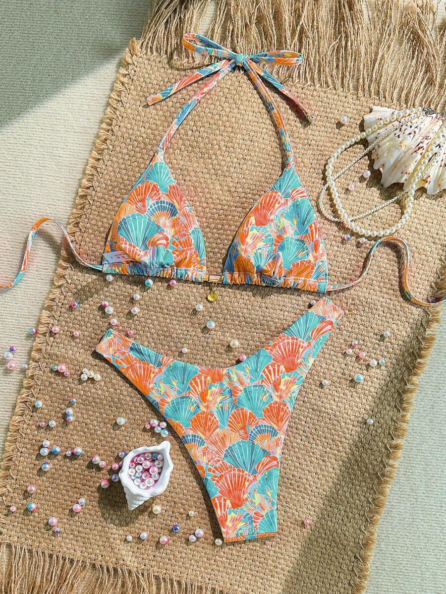 Swim Mod Summer 2 Pieces Outfits For Women - Spaghetti Strap Random Print Top And High Cut Swim Bottoms, Beach Holiday Bikini Set