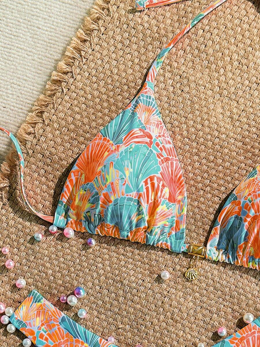Swim Vcay Swim Mod Summer 2pcs Halter Random Floral Print & High Cut Bottoms Bikini Set, Beach Vacation