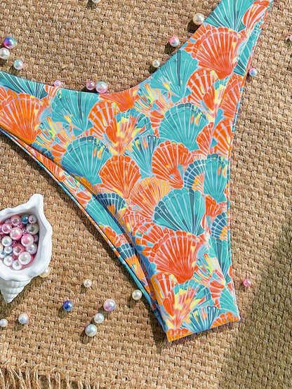 Swim Vcay Swim Mod Summer 2pcs Halter Random Floral Print & High Cut Bottoms Bikini Set, Beach Vacation