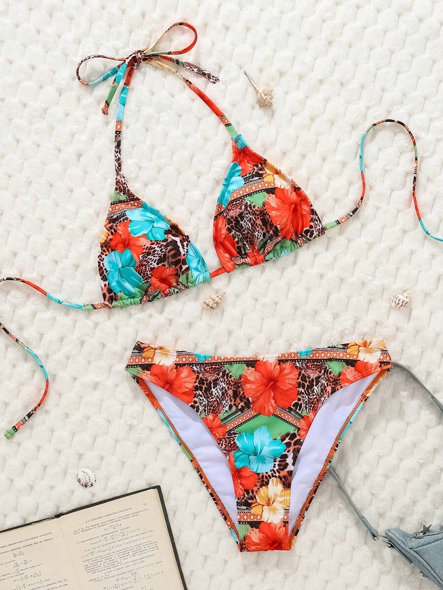 Swim Mod Women's Pink Polka Dot Print Halter Neck Low Waist Triangle Bikini Set, Summer Sexy Spring