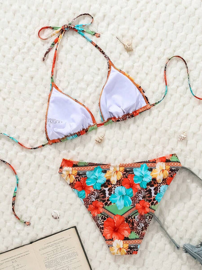Swim Mod Women's Pink Polka Dot Print Halter Neck Low Waist Triangle Bikini Set, Summer Sexy Spring