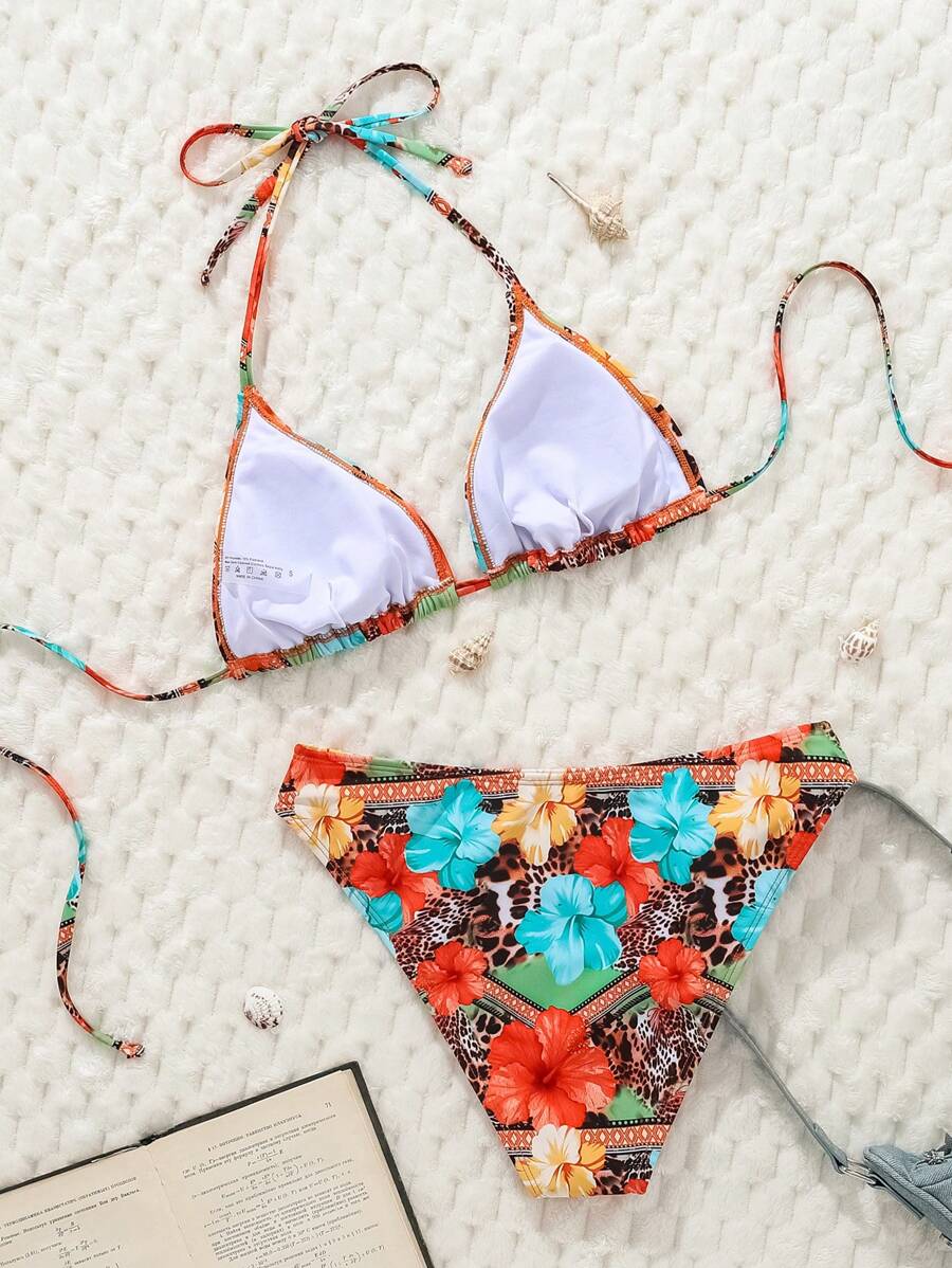 Swim Vcay Women's Summer New Contrast Color Striped Sexy Halter Triangle Cup Bikini Set