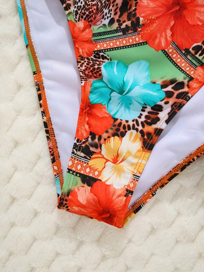Swim Mod Women's Pink Polka Dot Print Halter Neck Low Waist Triangle Bikini Set, Summer Sexy Spring