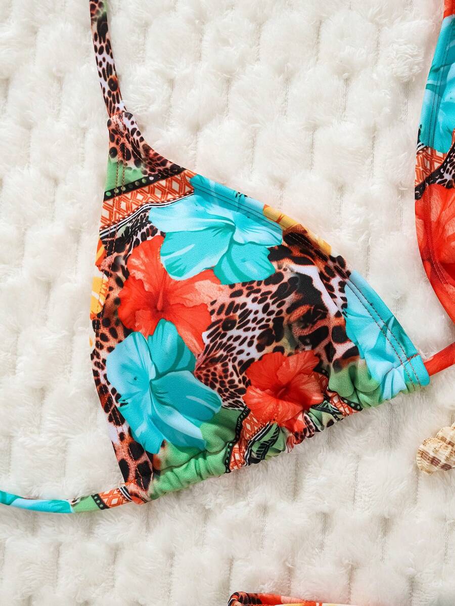 Swim Vcay Women's Summer New Contrast Color Striped Sexy Halter Triangle Cup Bikini Set