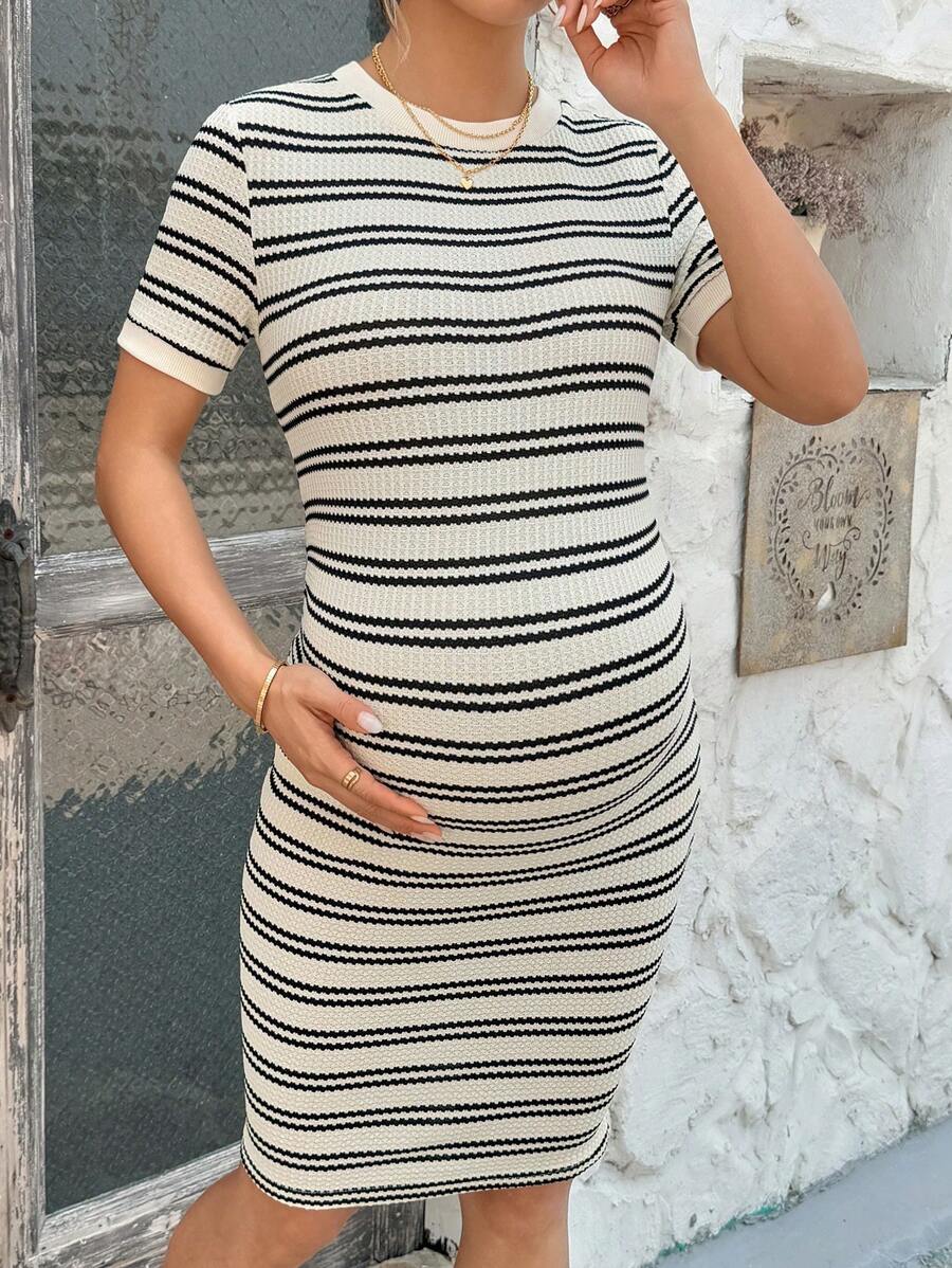 Maternity Casual Striped Short Sleeve Bodycon Dress with Contrast Piping Navy Blue Round Neck Slim Fit Summer Pencil Dress