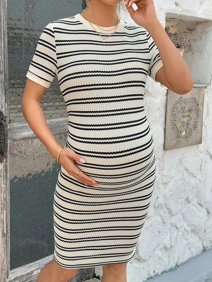 Maternity Casual Striped Short Sleeve Bodycon Dress with Contrast Piping Navy Blue Round Neck Slim Fit Summer Pencil Dress