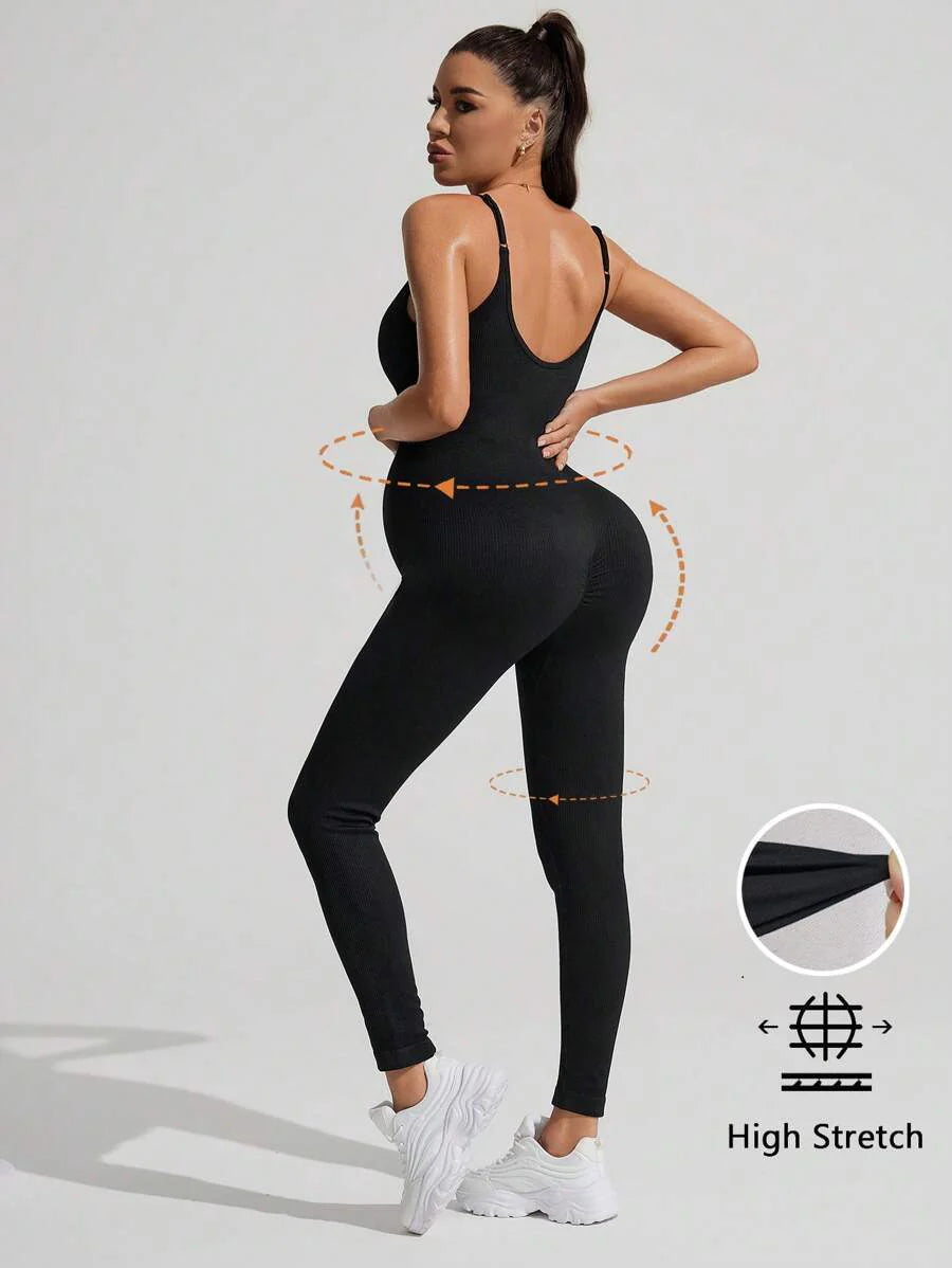 Yellow Rib-Knit Asymmetrical Neck Maternity Jumpsuit - High Stretch Sleeveless Skinny Fit Capri One Piece - Casual Sporty Maternity Wear