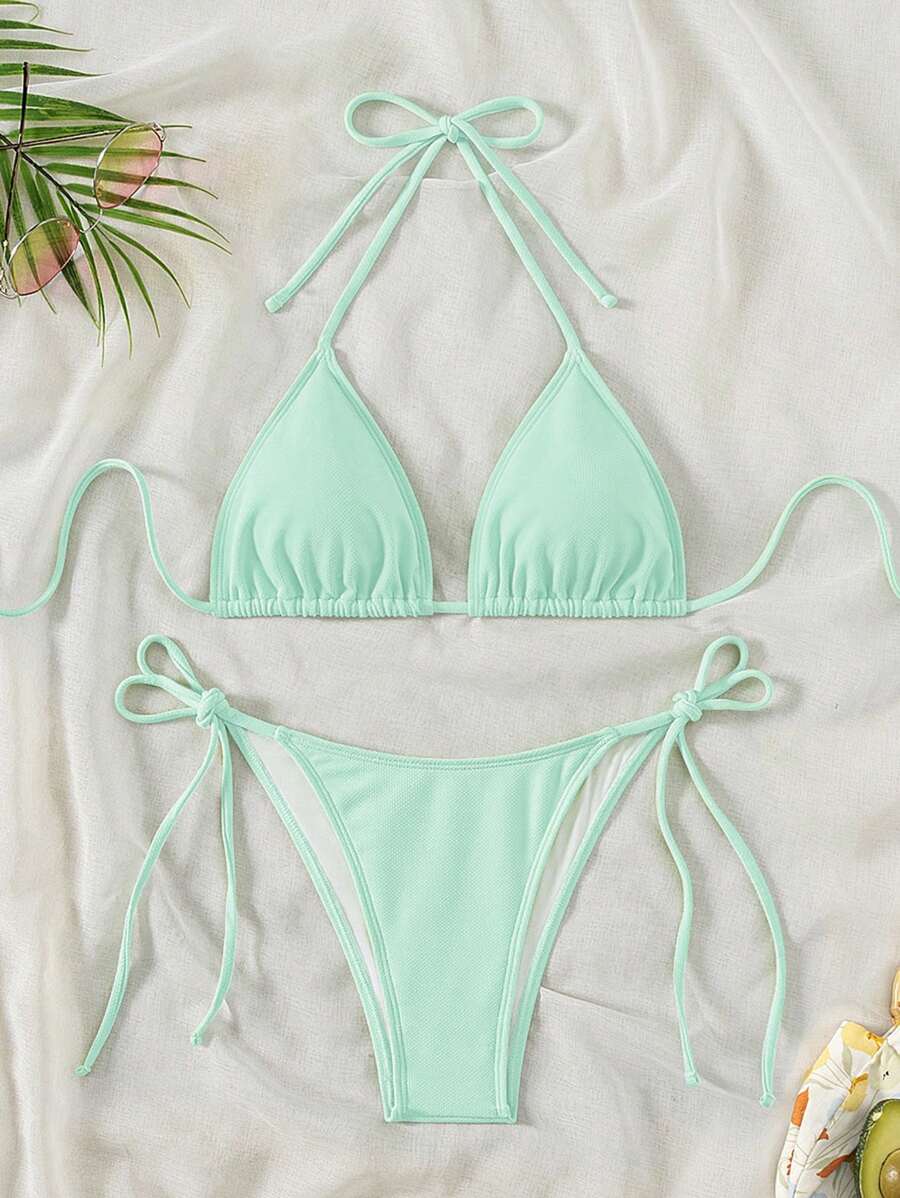 Swim Vcay 2026 Spring/Summer Green Special Fabric Women's Swimwear, Spaghetti Strap Halter Solid Color Sexy Side Tie Thong Bikini Two-Piece Swimwear Teal Bikini Tie Bikini Set Textured Bikini Triangle Bikini Triangle Bikini Set