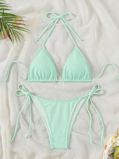 Swim Vcay 2026 Spring/Summer Green Special Fabric Women's Swimwear, Spaghetti Strap Halter Solid Color Sexy Side Tie Thong Bikini Two-Piece Swimwear Teal Bikini Tie Bikini Set Textured Bikini Triangle Bikini Triangle Bikini Set