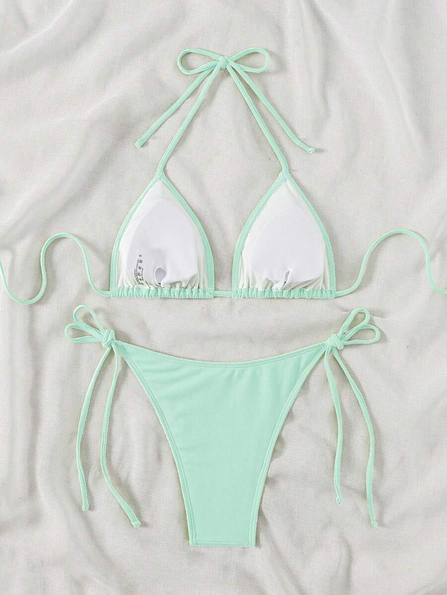 Swim Vcay 2026 Spring/Summer Green Special Fabric Women's Swimwear, Spaghetti Strap Halter Solid Color Sexy Side Tie Thong Bikini Two-Piece Swimwear Teal Bikini Tie Bikini Set Textured Bikini Triangle Bikini Triangle Bikini Set