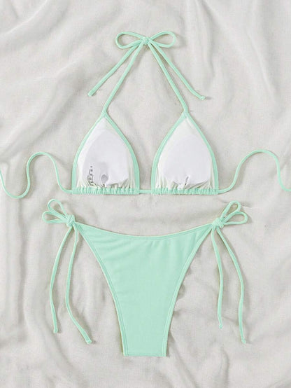 Swim Vcay 2026 Spring/Summer Green Special Fabric Women's Swimwear, Spaghetti Strap Halter Solid Color Sexy Side Tie Thong Bikini Two-Piece Swimwear Teal Bikini Tie Bikini Set Textured Bikini Triangle Bikini Triangle Bikini Set