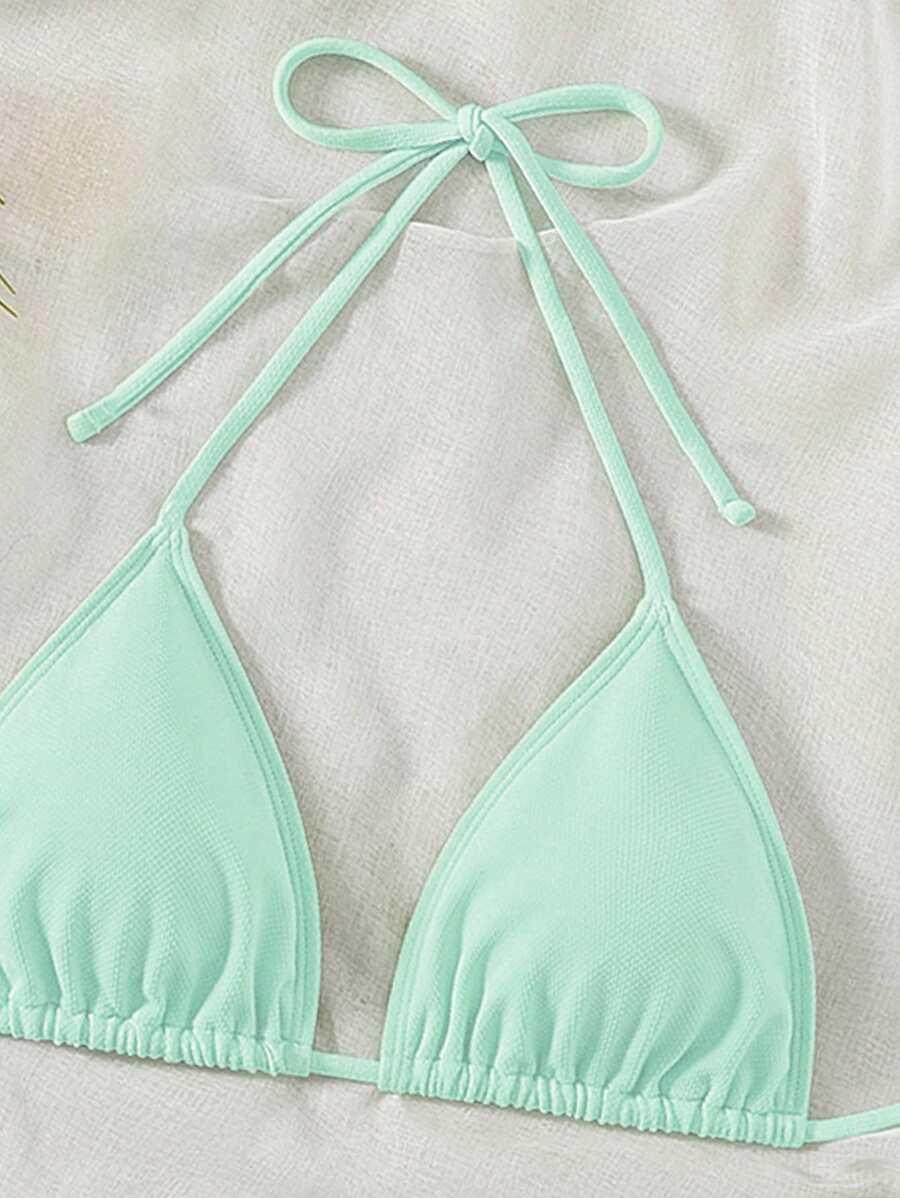 Swim Vcay 2026 Spring/Summer Green Special Fabric Women's Swimwear, Spaghetti Strap Halter Solid Color Sexy Side Tie Thong Bikini Two-Piece Swimwear Teal Bikini Tie Bikini Set Textured Bikini Triangle Bikini Triangle Bikini Set