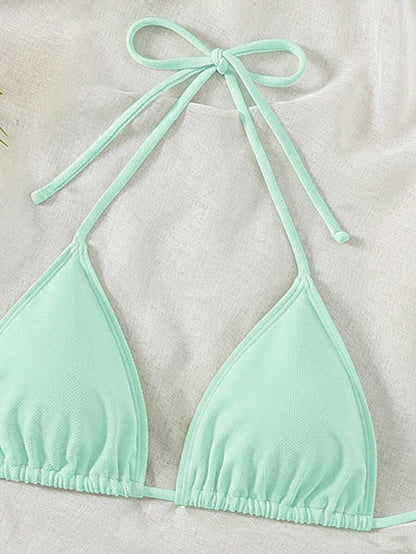 Swim Vcay 2026 Spring/Summer Green Special Fabric Women's Swimwear, Spaghetti Strap Halter Solid Color Sexy Side Tie Thong Bikini Two-Piece Swimwear Teal Bikini Tie Bikini Set Textured Bikini Triangle Bikini Triangle Bikini Set